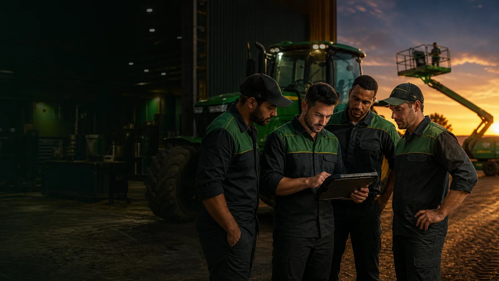 Técnicos compartilhando conhecimento sobre máquinas agrícolas e plataformas elevatórias