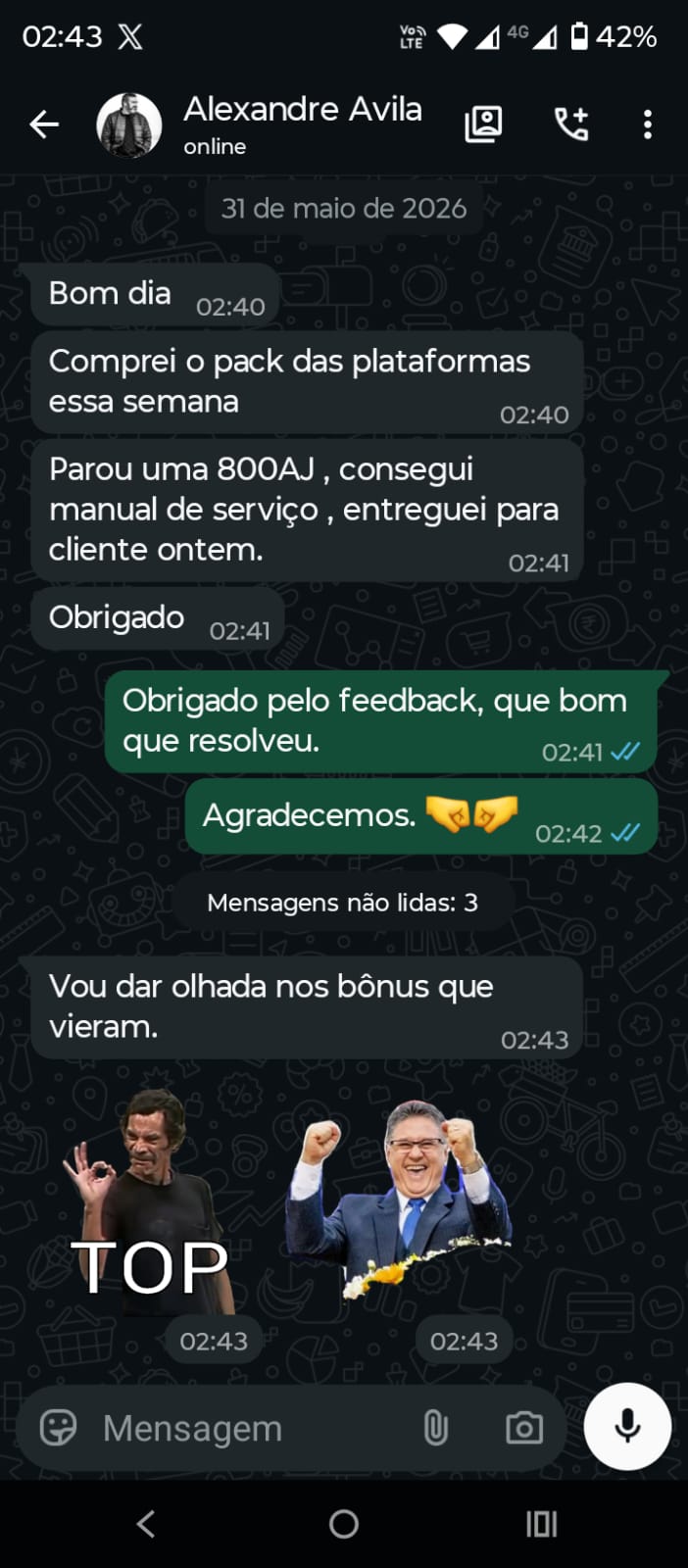 Depoimento real de cliente que encontrou o manual de serviço da plataforma 800AJ